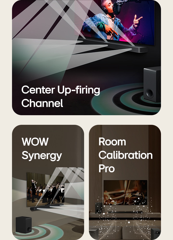 LG Soundbar and LG TV in a black room playing a musical performance. White droplets representing soundwaves shoot upwards and forward from the soundbar, as subwoofer is creating a sound effect from the bottom.  LG Soundbar and LG TV in a living room playing an orchestra performance. White waves of droplets representing soundwaves shoot upwards and forward from the soundbar and project from the TV, as subwoofer is creating a sound effect from the bottom.  LG Soundbar, LG TV, rear speakers and a subwoofer are in a living room. A grid overlay appears over the room, like a scan of the space. White soundwaves made of droplets show the Rear Speakers and Soundbar playing in harmony together.