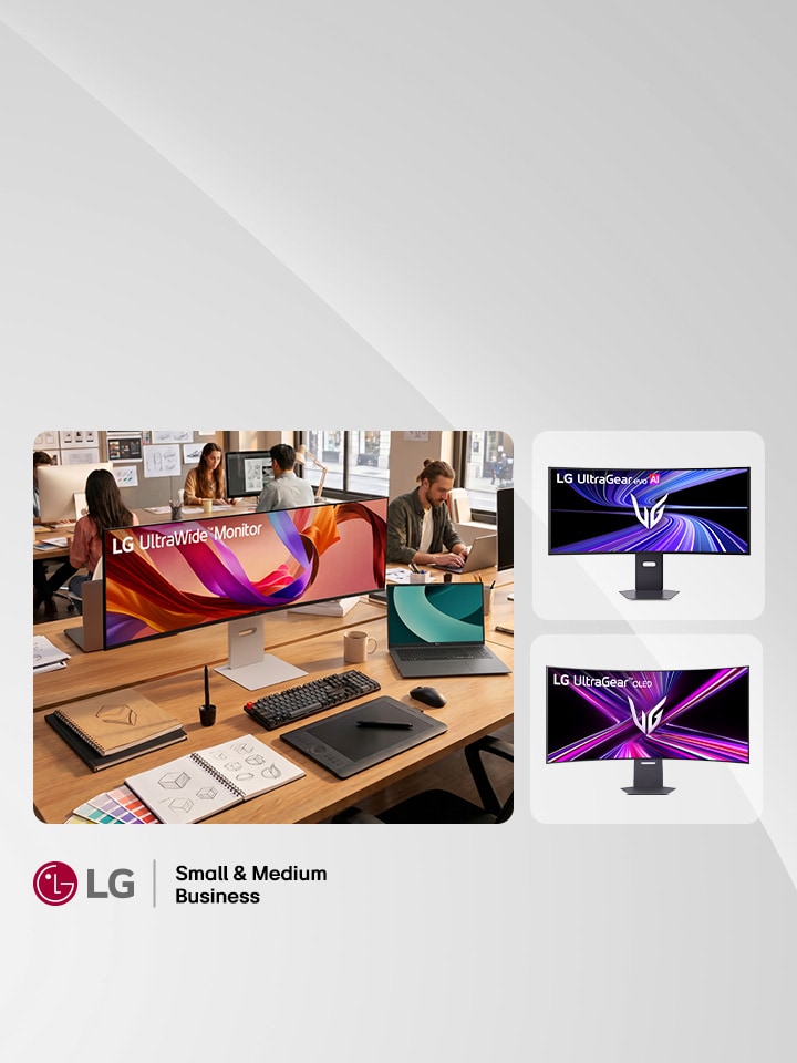 Creative agency team collaborating at a modern office desk using a white LG UltraWide Ergo monitor and LG Gram laptops.