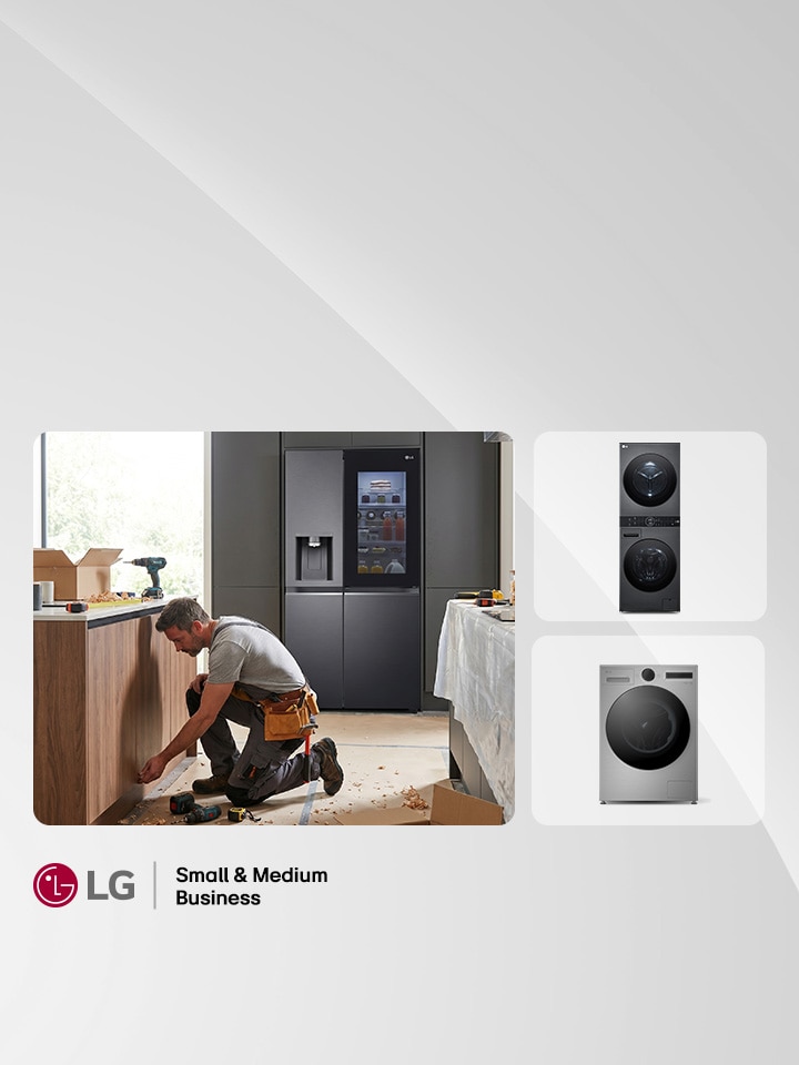 Professional UK kitchen fitter installing dark wooden cabinetry next to a premium LG InstaView American-style fridge freezer.
