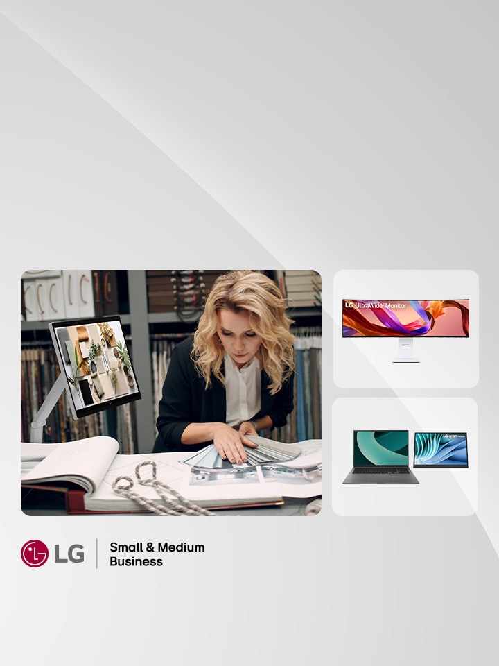 Female interior designer in a UK design studio selecting fabric samples next to an adjustable LG lifestyle smart screen and mood boards.