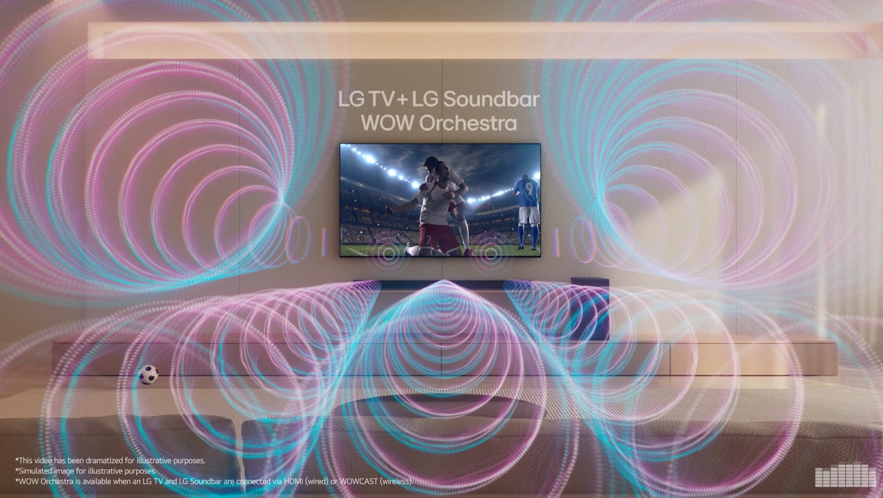 LG TV and LG Soundbar with WOW Orchestra technology, displaying a football match while immersive surround sound waves fill a modern living room for a cinematic home entertainment experience