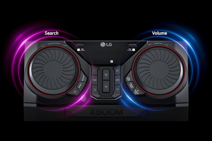 Top view of the CK43N with pink and blue neon graphics around the each twin spinning wheel. The left wheel allows you to search songs, and the right wheel controls the volume.