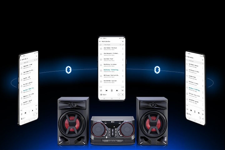 A smartphone is on an LG XBOOM CK43N with two other smartphones floating around it. A Bluetooth logo is shown in bewteen smartphones.