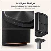 Feature card Intelligent Design - showing 3 shots of the M5 which can be seamlessly integrates with speaker stands and feature intuitive touch controls