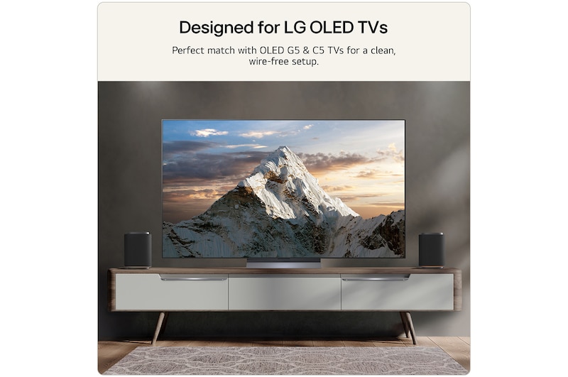 Feature card showing the sound suite M5 next to the LG TV OLED G5 or C5 help to visualise the wire-free setup