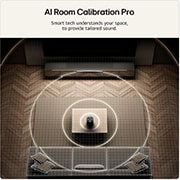 Feature card AI Room Calibration Pro  with wave audio coming out from the M5 as an illustration of how it works by scanning the area