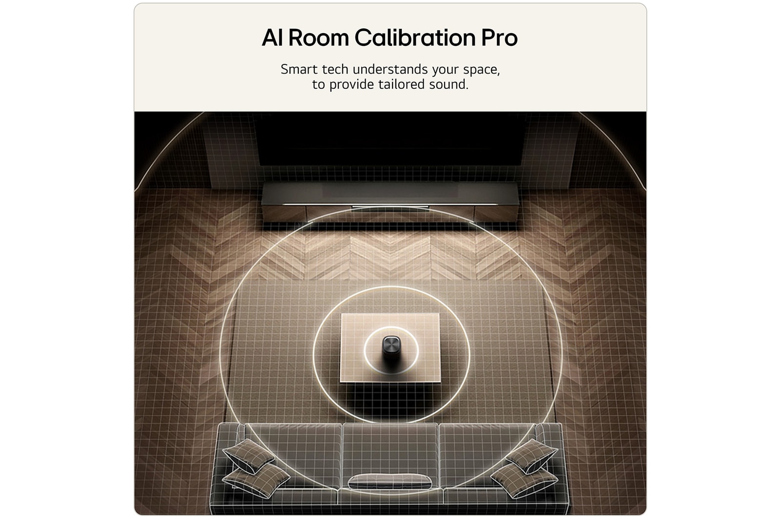Feature card AI Room Calibration Pro  with wave audio coming out from the M5 as an illustration of how it works by scanning the area