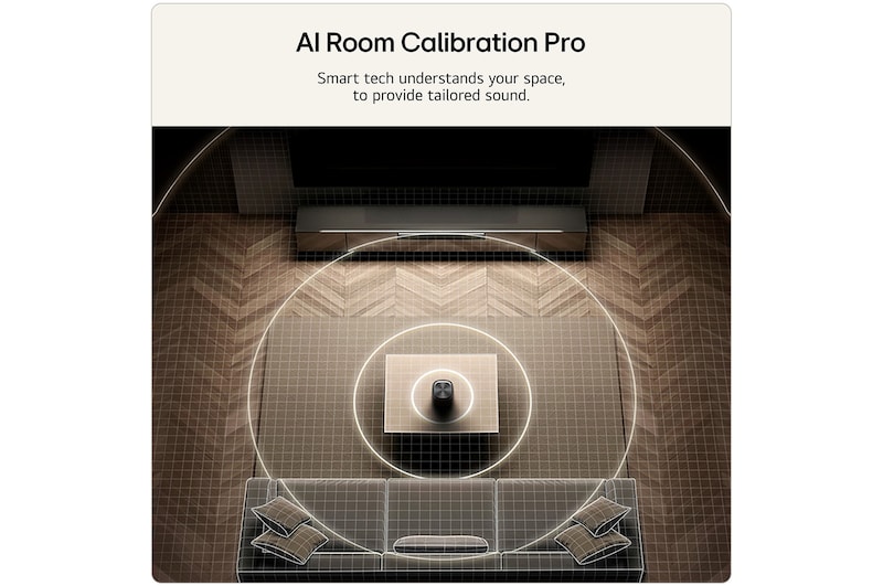 Feature card AI Room Calibration Pro  with wave audio coming out from the M5 as an illustration of how it works by scanning the area