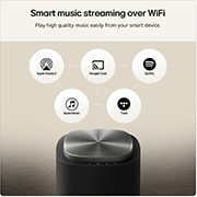 Feature card Smart music streaming over Wifi - highlighting that the device is compatible with Apple AirPlay 2 Apple Music Tidal Google Cast and Spotify