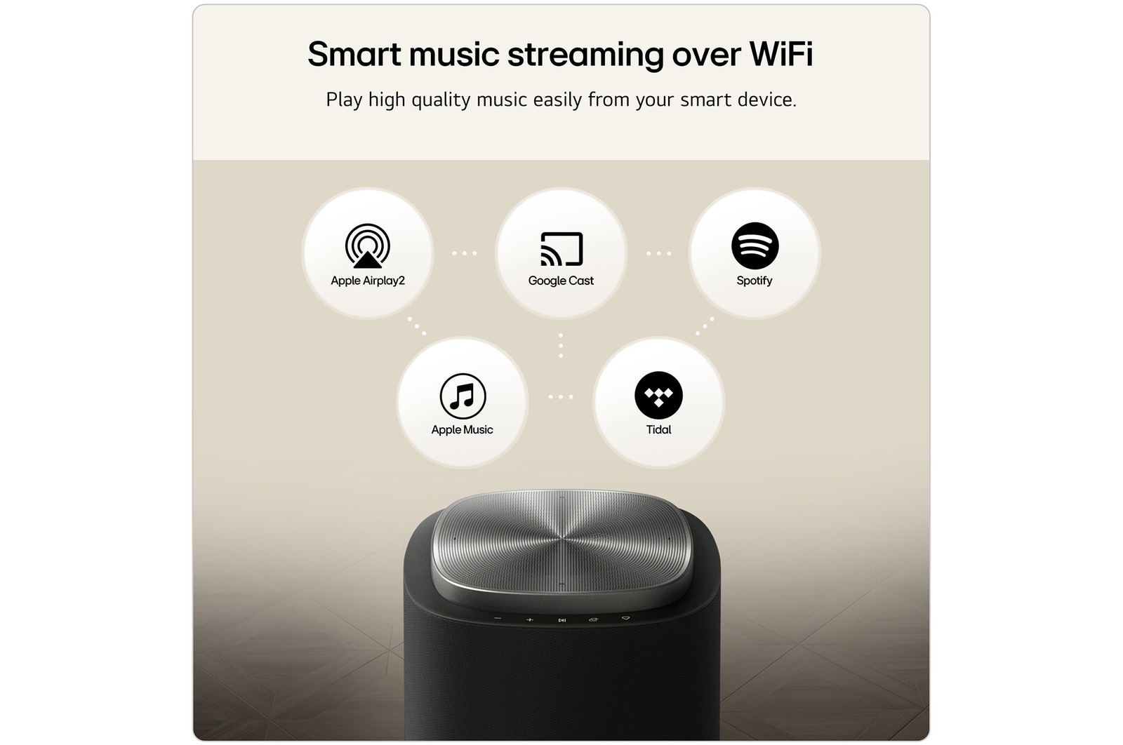 Feature card Smart music streaming over Wifi - highlighting that the device is compatible with Apple AirPlay 2 Apple Music Tidal Google Cast and Spotify