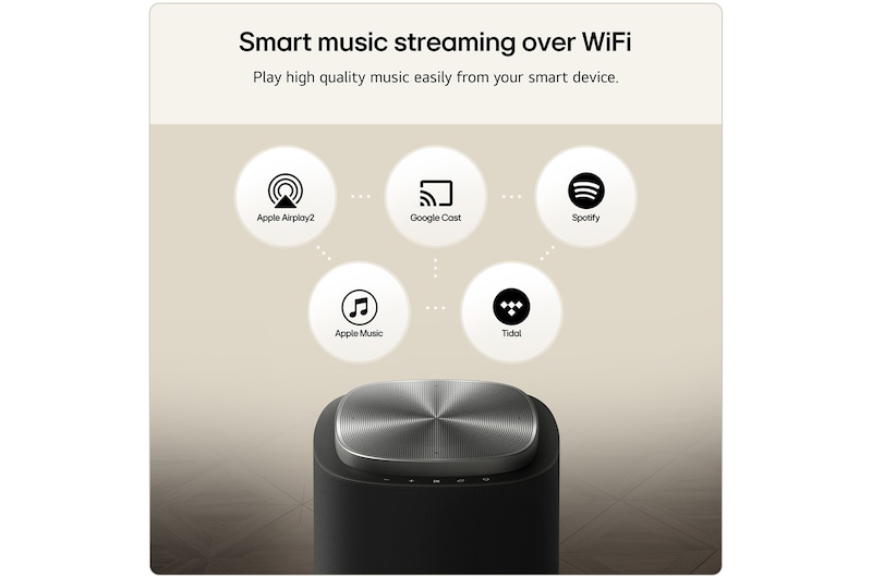 Feature card Smart music streaming over Wifi - highlighting that the device is compatible with Apple AirPlay 2 Apple Music Tidal Google Cast and Spotify