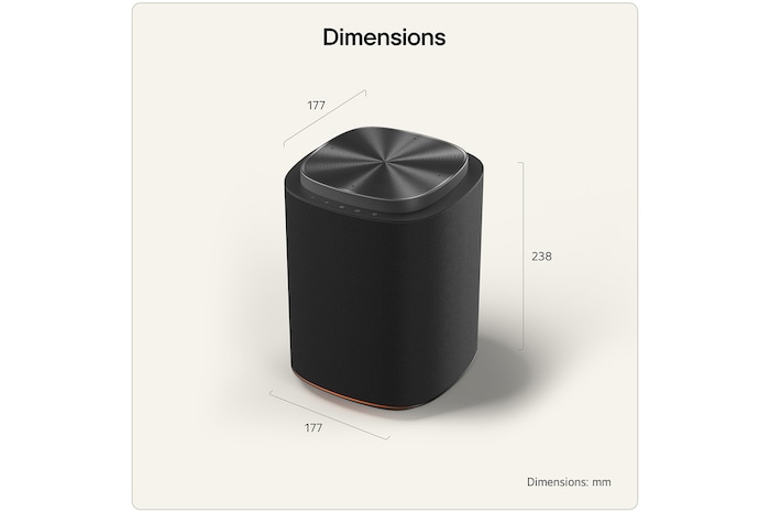 top close-up of the sound suite M7 showing the dimensions of the product on a beige background
