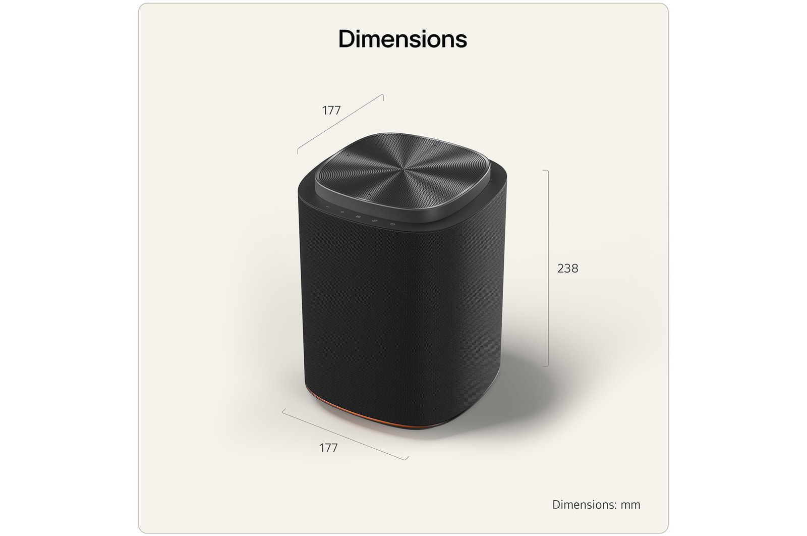 top close-up of the sound suite M7 showing the dimensions of the product on a beige background