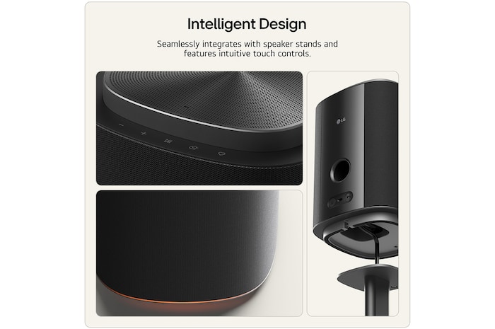Feature card Intelligent Design - showing 3 shots of the M7 which can be seamlessly integrates with speaker stands and feature intuitive touch controls