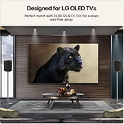 Feature card showing the sound suite M7 next to the LG TV OLED G5 or C5 help to visualise the wire-free setup