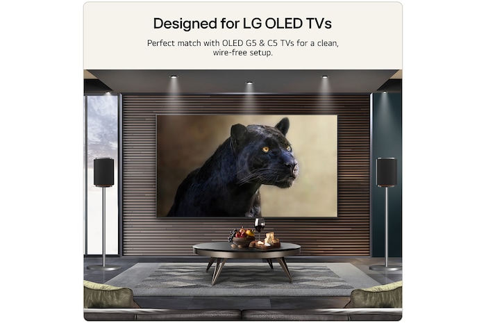 Feature card showing the sound suite M7 next to the LG TV OLED G5 or C5 help to visualise the wire-free setup