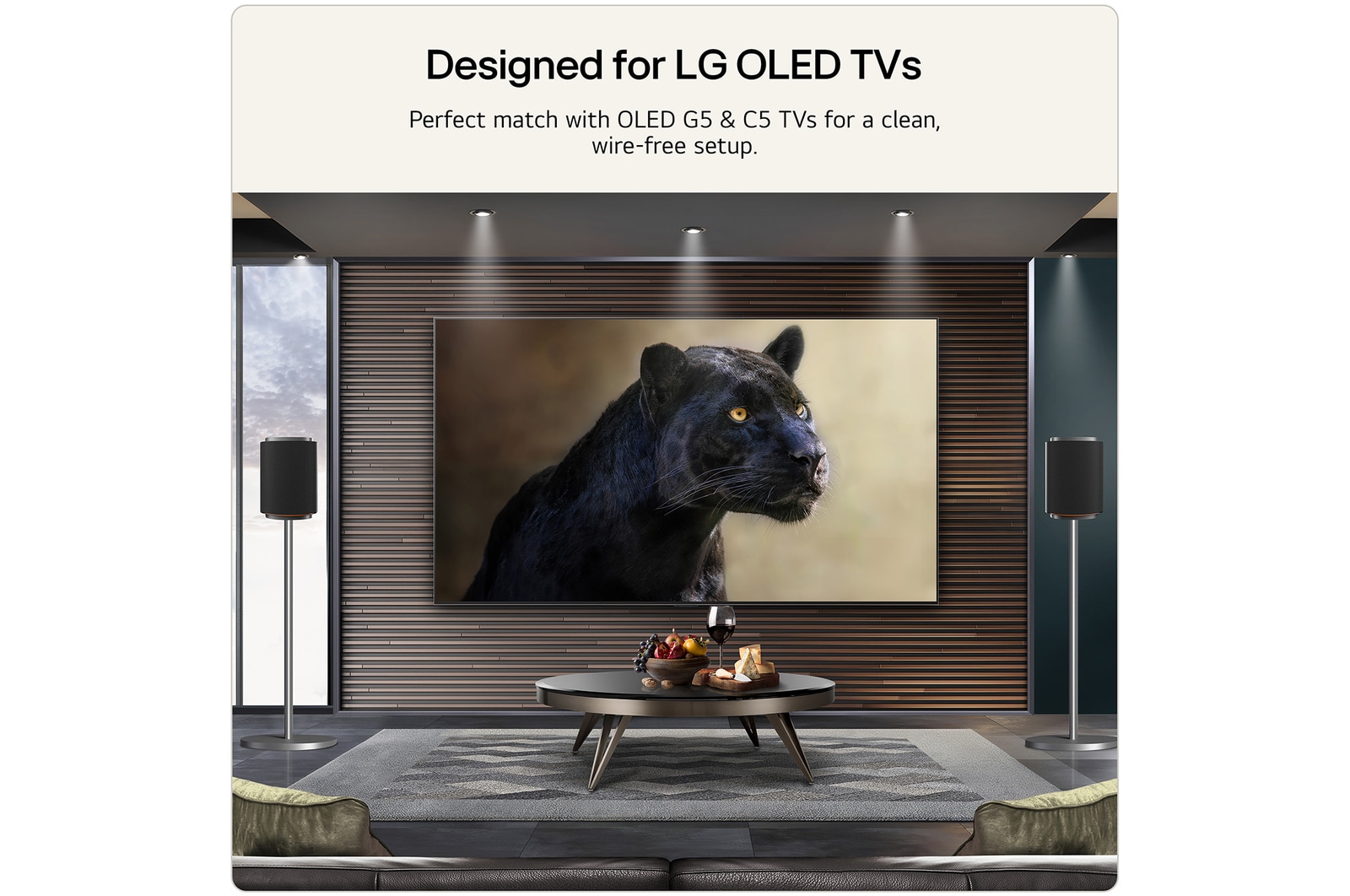 Feature card showing the sound suite M7 next to the LG TV OLED G5 or C5 help to visualise the wire-free setup