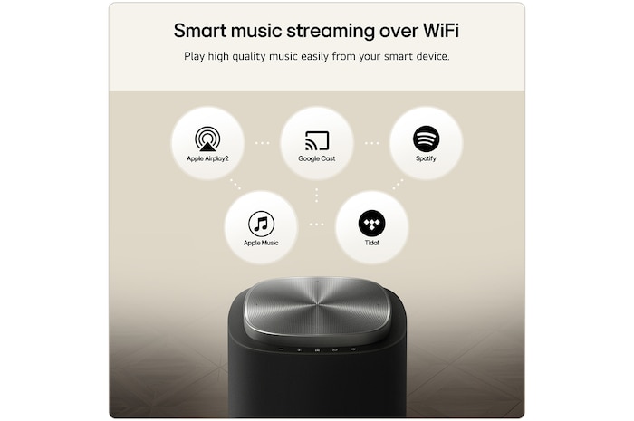 Feature card Smart music streaming over Wifi - highlighting that the device is compatible with Apple AirPlay 2 Apple Music Tidal Google Cast and Spotify
