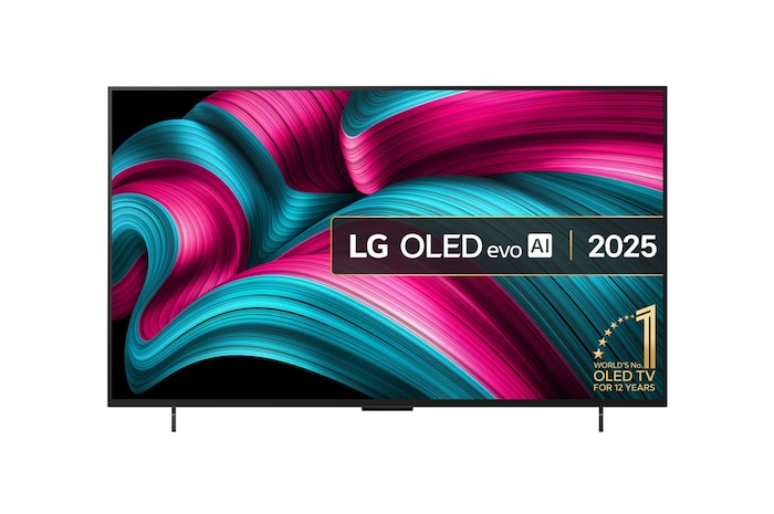 Front view of LG OLED evo AI C5 4K Smart TV. 12 Years of world number 1 OLED emblem and LG OLED evo AI 2025 logo are on the screen.