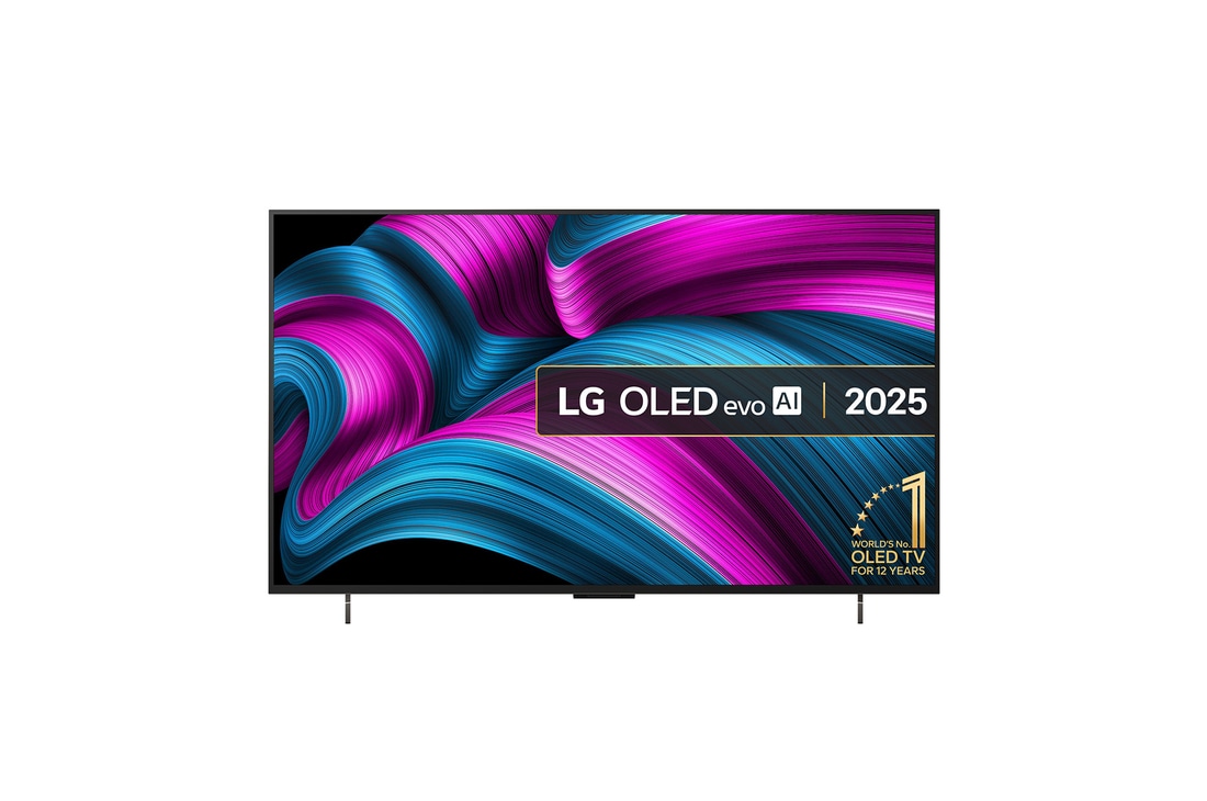 Front view of LG OLED evo AI C5 4K Smart TV. 12 Years of world number 1 OLED emblem and LG OLED evo AI 2025 logo are on the screen.