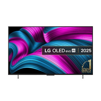 Front view of LG OLED evo AI C5 4K Smart TV. 12 Years of world number 1 OLED emblem and LG OLED evo AI 2025 logo are on the screen.