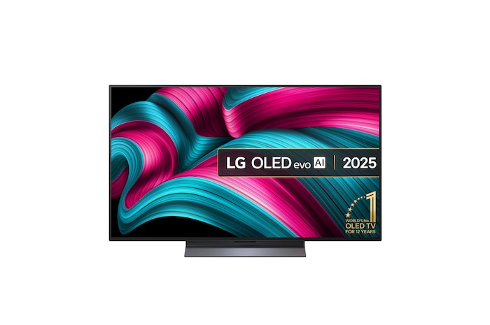 Front view of LG OLED evo AI C5 4K Smart TV. 12 Years of world number 1 OLED emblem and LG OLED evo AI 2025 logo are on the screen.