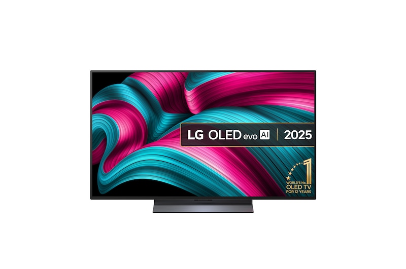 Front view of LG OLED evo AI C5 4K Smart TV. 12 Years of world number 1 OLED emblem and LG OLED evo AI 2025 logo are on the screen.