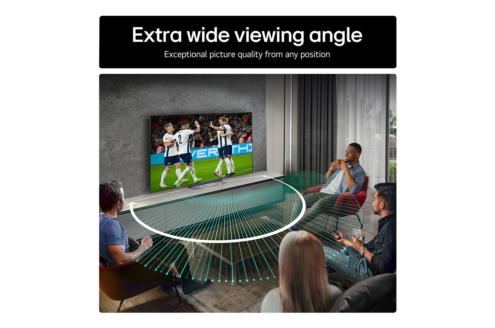 Living room space with a wall-mounted LG OLED TV. On the TV is a mountain range against a dark evening sky filled with stars. This scene is split in half. One side shows a duller, grayer version of the landscape labeled, Non Perfect Black display. On the other side is a more pleasing picture with a larger dynamic range of blacks and whites. 