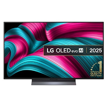 Front view of LG OLED evo AI C5 4K Smart TV. 12 Years of world number 1 OLED emblem and LG OLED evo AI 2025 logo are on the screen.