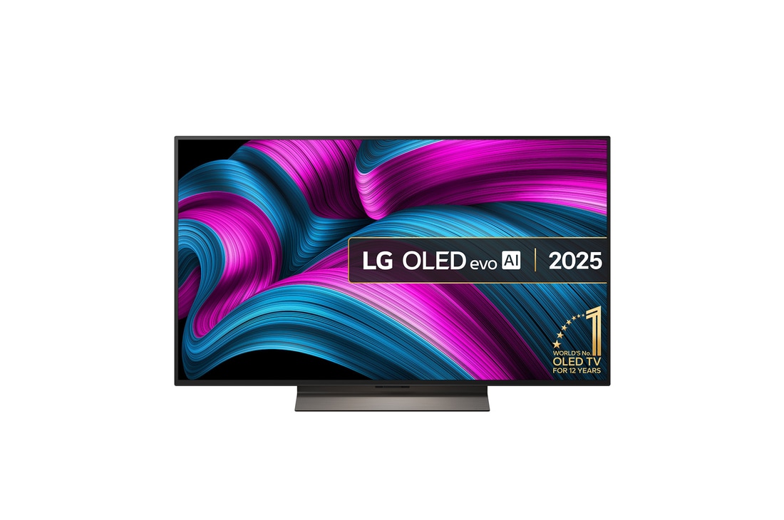 Front view of LG OLED evo AI C5 4K Smart TV. 12 Years of world number 1 OLED emblem and LG OLED evo AI 2025 logo are on the screen.