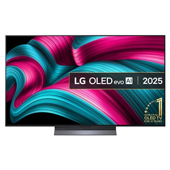 Front view of LG OLED evo AI C5 4K Smart TV. 12 Years of world number 1 OLED emblem and LG OLED evo AI 2025 logo are on the screen.