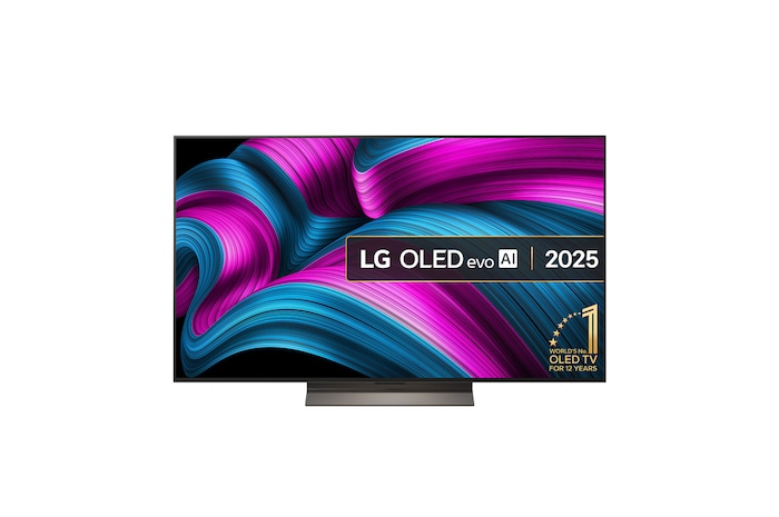 Front view of LG OLED evo AI C5 4K Smart TV. 12 Years of world number 1 OLED emblem and LG OLED evo AI 2025 logo are on the screen.