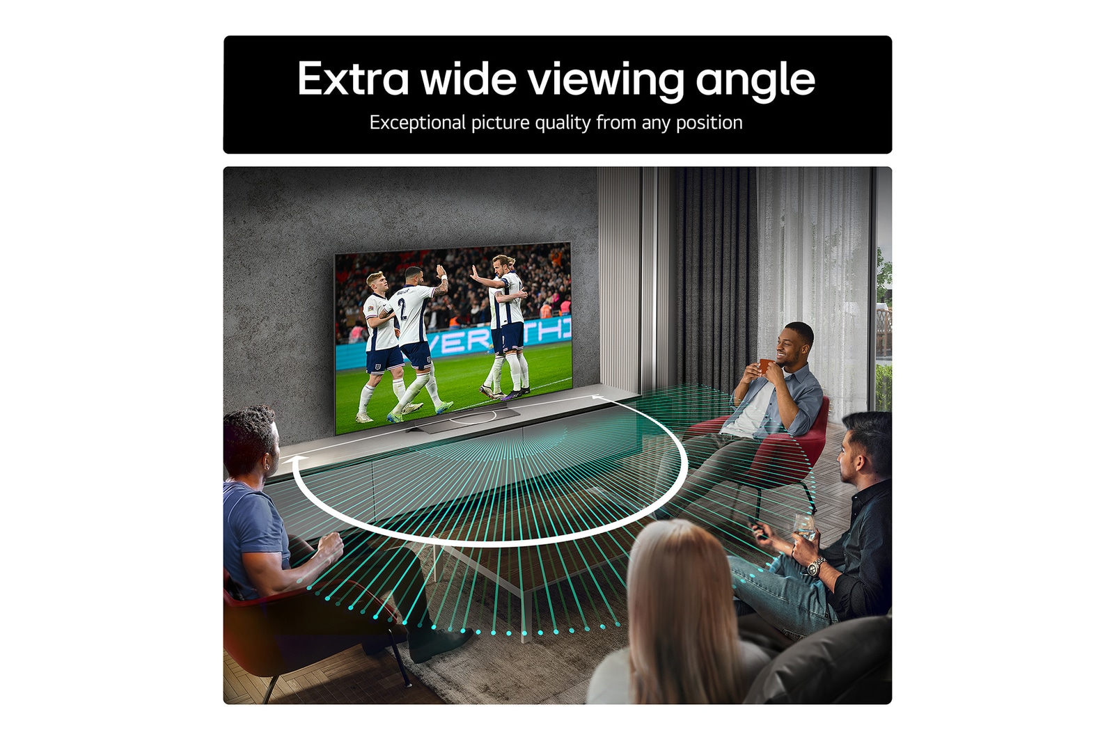 Living room space with a wall-mounted LG OLED TV. On the TV is a mountain range against a dark evening sky filled with stars. This scene is split in half. One side shows a duller, grayer version of the landscape labeled, Non Perfect Black display. On the other side is a more pleasing picture with a larger dynamic range of blacks and whites. 
