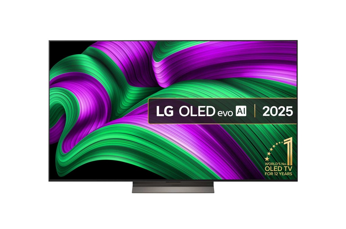 Front view of LG OLED evo AI C5E 4K Smart TV. 12 Years of world number 1 OLED emblem and LG OLED evo AI 2025 logo are on the screen.