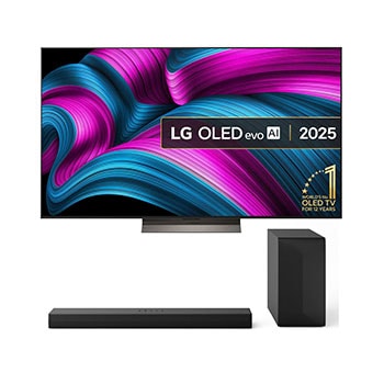 Front view of 65 inch LG OLED evo C5E TV & US60T Soundbar Bundle OLED65C5ELB.US60T