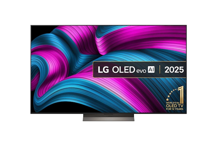 Front view of LG OLED evo AI C5E 4K Smart TV. 12 Years of world number 1 OLED emblem and LG OLED evo AI 2025 logo are on the screen.
