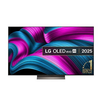 Front view of LG OLED evo AI C5E 4K Smart TV. 12 Years of world number 1 OLED emblem and LG OLED evo AI 2025 logo are on the screen.