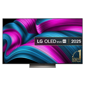 Front view of LG OLED evo AI C5E 4K Smart TV. 12 Years of world number 1 OLED emblem and LG OLED evo AI 2025 logo are on the screen.