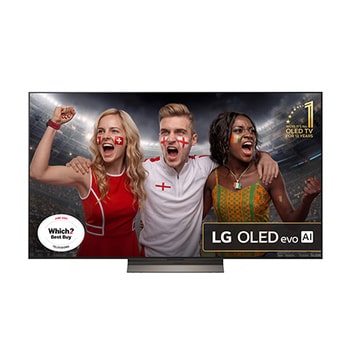 Front view of LG OLED evo AI C5E 4K Smart TV. 12 Years of world number 1 OLED emblem and LG OLED evo AI 2025 logo are on the screen.