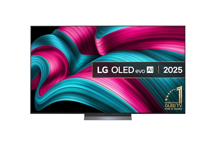 Front view of LG OLED evo AI C5 4K Smart TV. 12 Years of world number 1 OLED emblem and LG OLED evo AI 2025 logo are on the screen.