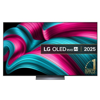 Front view of LG OLED evo AI C5 4K Smart TV. 12 Years of world number 1 OLED emblem and LG OLED evo AI 2025 logo are on the screen.