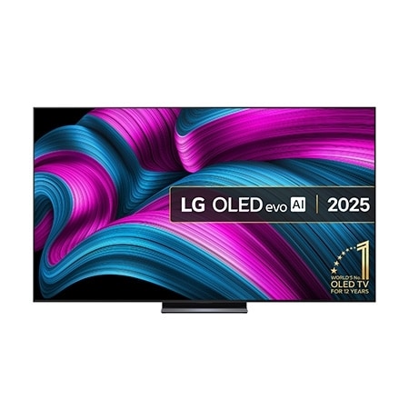 Front view of LG OLED evo AI C5 4K Smart TV. 12 Years of world number 1 OLED emblem and LG OLED evo AI 2025 logo are on the screen.