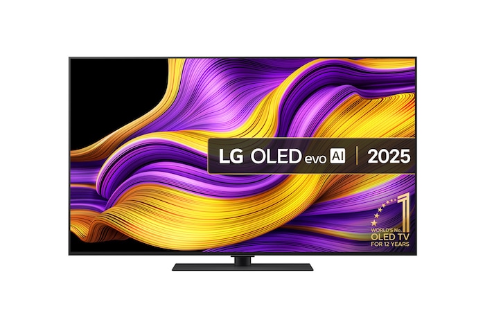 Front view of LG OLED evo AI G5 4K Smart TV. 12 Years of world number 1 OLED emblem and LG OLED evo AI 2025 logo are on the screen.