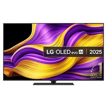 Front view of LG OLED evo AI G5 4K Smart TV. 12 Years of world number 1 OLED emblem and LG OLED evo AI 2025 logo are on the screen.