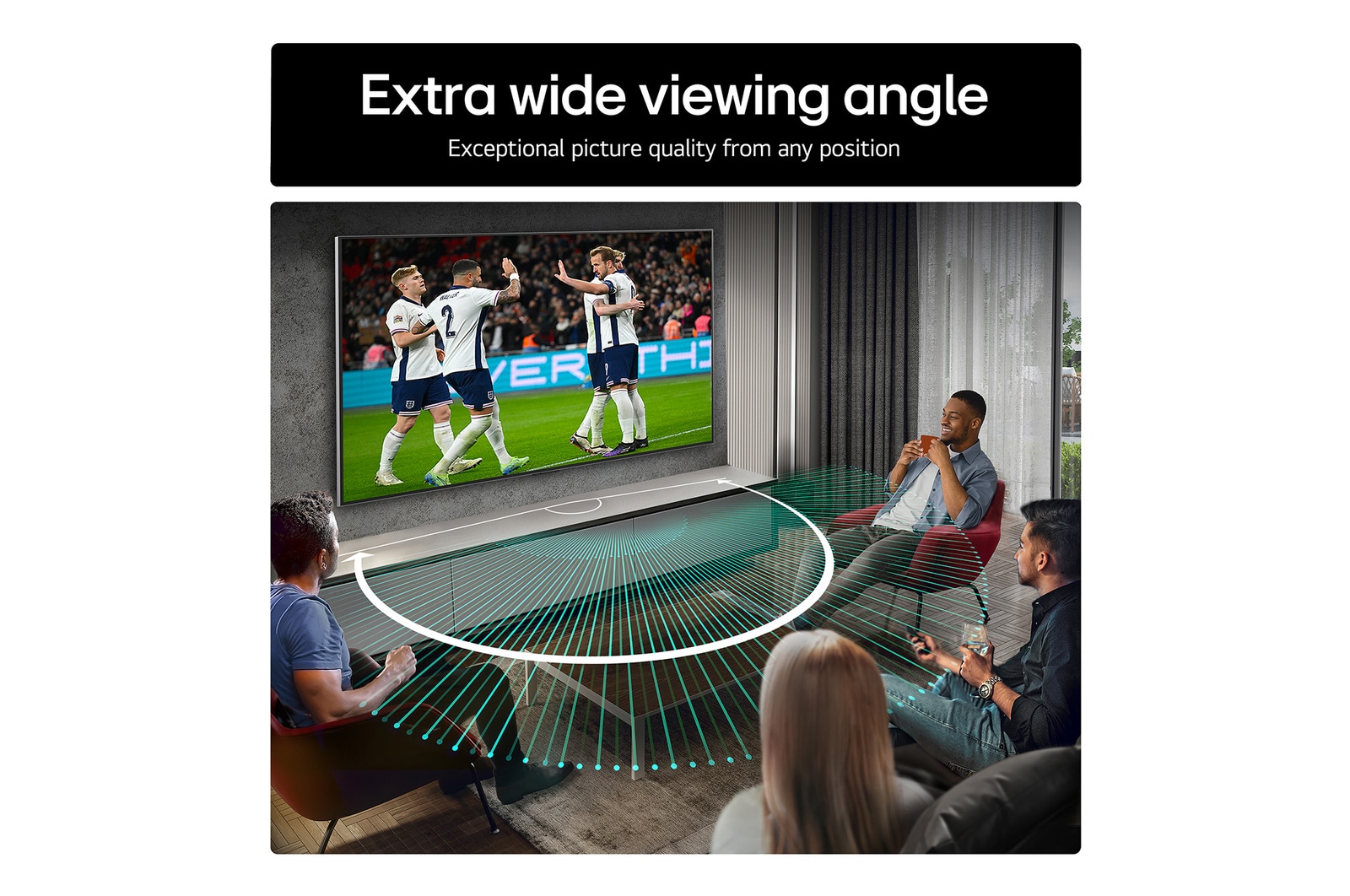 Living room space with a wall-mounted LG OLED TV. On the TV is a mountain range against a dark evening sky filled with stars. This scene is split in half. One side shows a duller, grayer version of the landscape labeled, Non Perfect Black display. On the other side is a more pleasing picture with a larger dynamic range of blacks and whites. 
