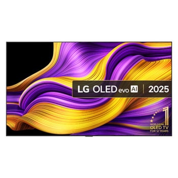 Front view of LG OLED evo AI G5 4K Smart TV. 12 Years of world number 1 OLED emblem and LG OLED evo AI 2025 logo are on the screen.