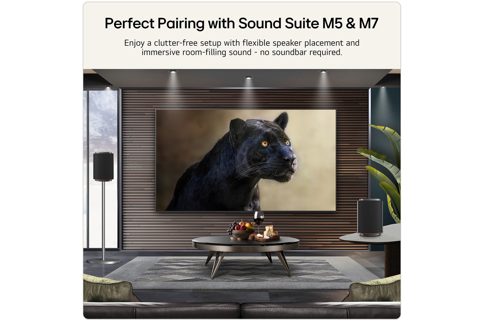 A black panther displayed on the LG TV screen, showcasing Bright Booster technology. Perfect Pairing with LG Sound Suite M5 and M7 speakers