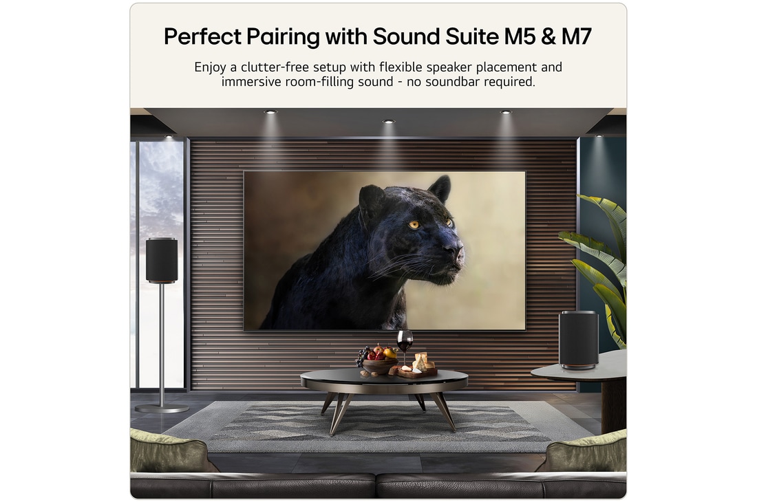 A black panther displayed on the LG TV screen, showcasing Bright Booster technology. Perfect Pairing with LG Sound Suite M5 and M7 speakers