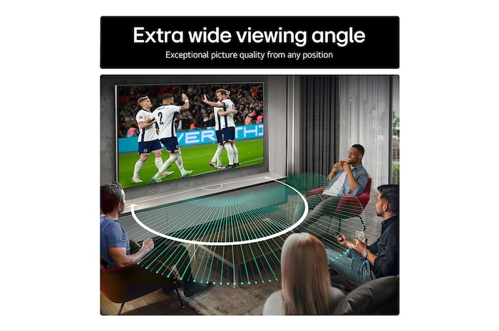 Living room space with a wall-mounted LG OLED TV. On the TV is a mountain range against a dark evening sky filled with stars. This scene is split in half. One side shows a duller, grayer version of the landscape labeled, Non Perfect Black display. On the other side is a more pleasing picture with a larger dynamic range of blacks and whites. This is labeled, Perfect Black display. Logo certification is also visible, Perfect Black Technology delivers black levels less than or equal to 0.24 nit up to 500 lux.