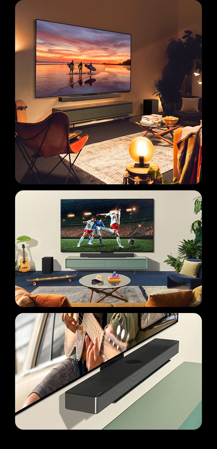 Three images are shown in sequence. Firstly, a side profile view of LG OLED evo C4 showing landscape photography in a casual and bohemian-style living room with warm lights. And then, two women enjoying and cheering on the soccer game playing on LG OLED evo C4 in a bright and casual living room. The LG Soundbar USC9S attaches neatly to the TV. Lastly, an angled crop view of LG OLED evo C4 attached to LG Soundbar USC9S with the Synergy Bracket. 
